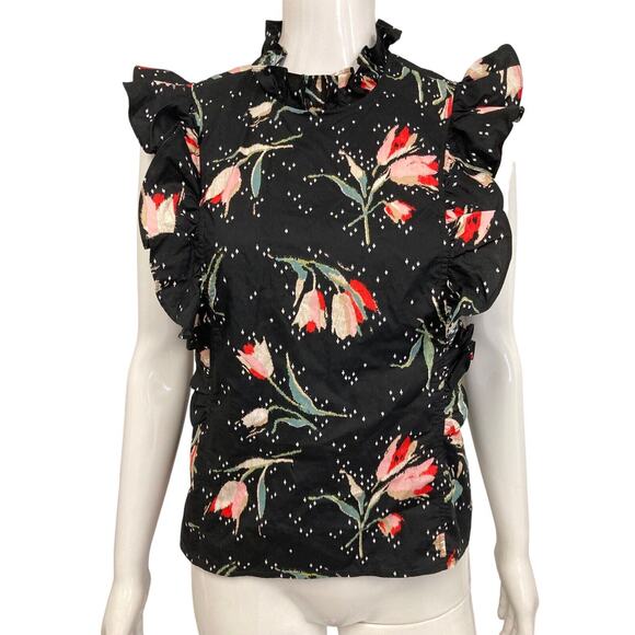 REBECCA TAYLOR Black Cotton Floral Ikat Printed Flutter Sleeve Blouse Top 4 - Picture 1 of 2